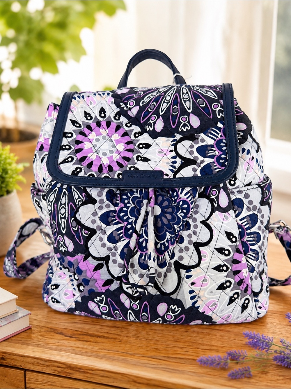 Vera Bradley Quilted Mini Backpack Purple Floral Paisley Drawstring Travel Bag
